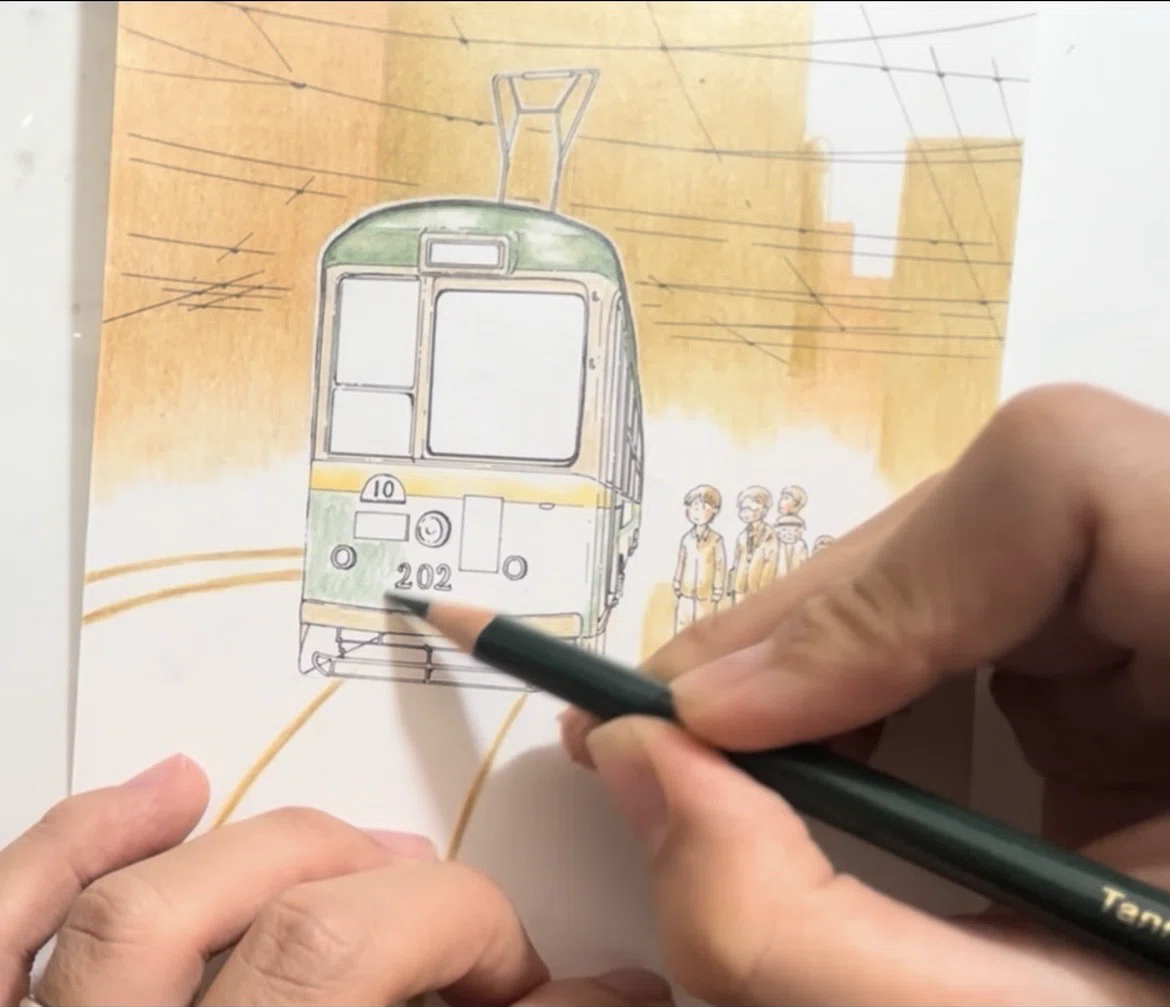 色鉛筆とコピックでの着彩の仕方｜昭和の仙台・市電｜吉村ナツクサ