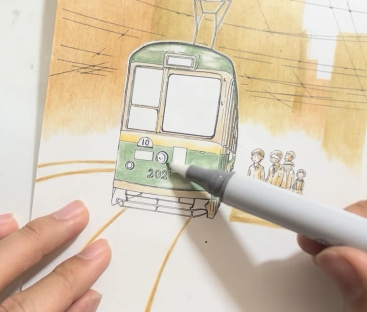 色鉛筆とコピックでの着彩の仕方｜昭和の仙台・市電｜吉村ナツクサ