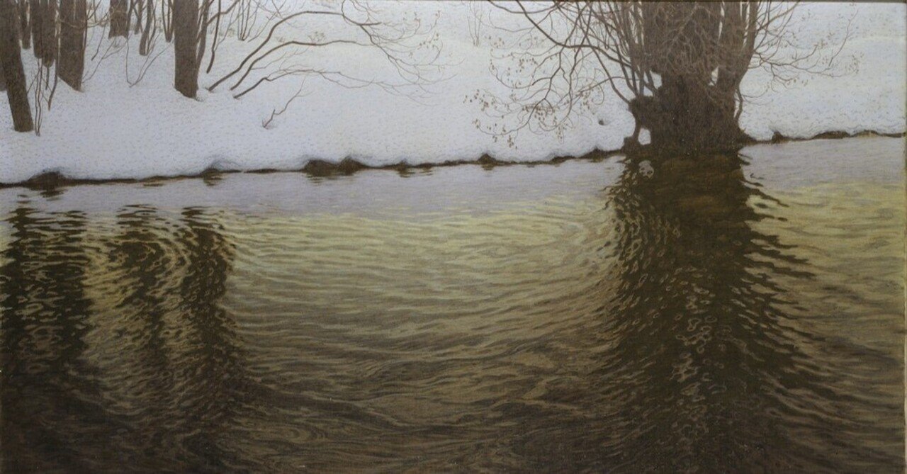 絵画　冬の夕暮れ スウェーデン絵画」展出品作⑪ グスタヴ・フィエースタード《川辺の冬
