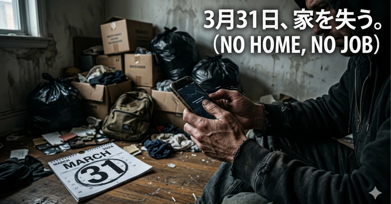 2026/03/31(火)。退寮当日、荷物はあるのに「次」がない。スマホも壊れ、タコ部屋確定のホームレス一歩手前で泣いてる34歳の末路😱😭 ...