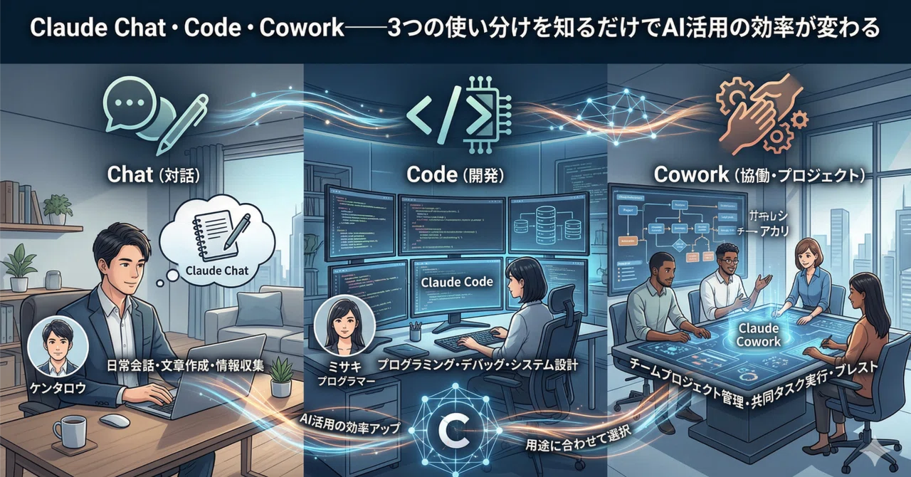 Co Work Code Chat Mode Claude Chat・Code・Cowork——3つの使い分けを知るだけでAI活用の効率が変わる|株式会社AIworker開発部門