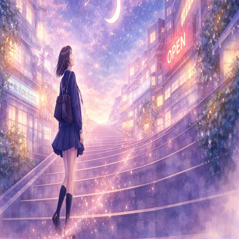 美少女シルエット調B4上質水彩画 未来の階段で、空を見上げる少女──3つのビジュアルが語る都市の詩