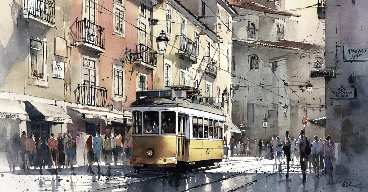 無料のAI画像】水彩画で表現する70年代リスボンの街と路面電車｜かもめ