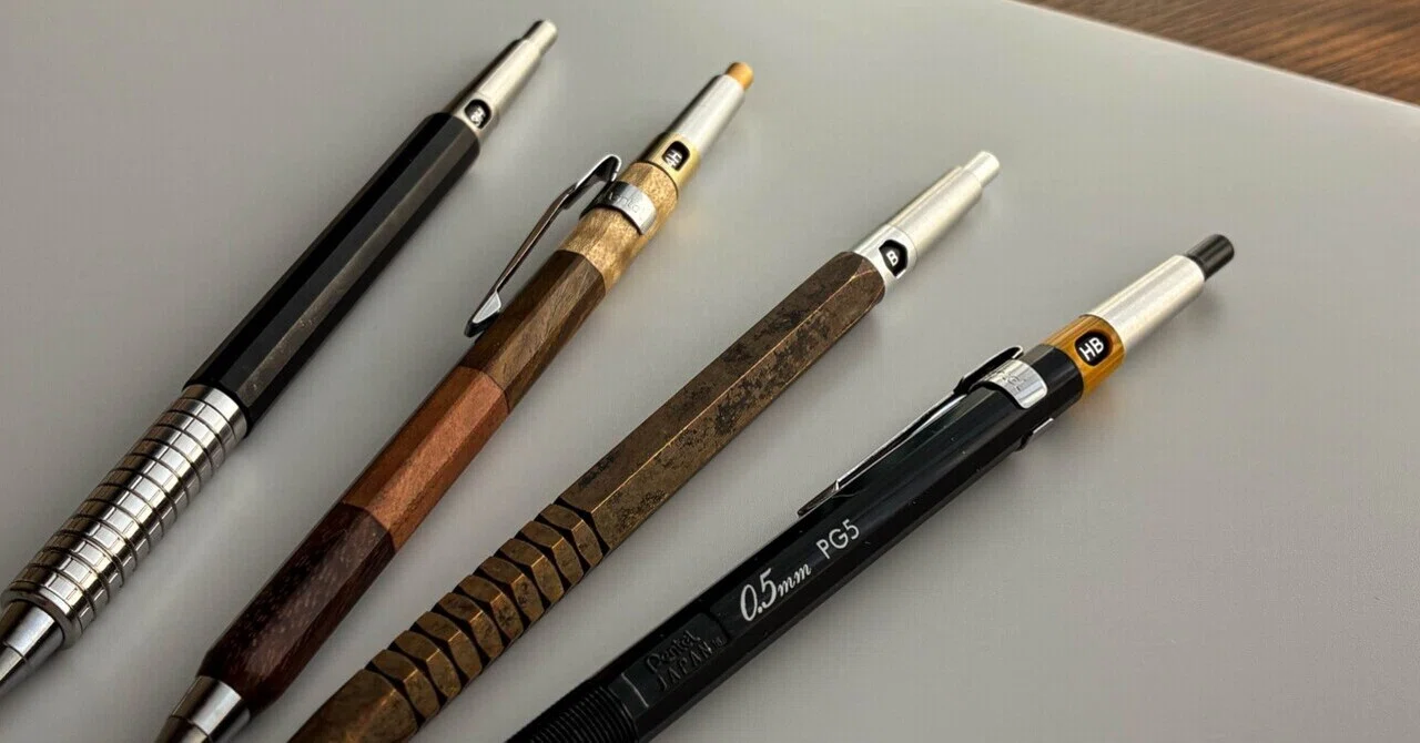 PG5ピンクアイボリー&青黒檀&メタル(真鍮) IJ Instruments のPG5 type pencilをPMGカスタムして使う【0.5mm