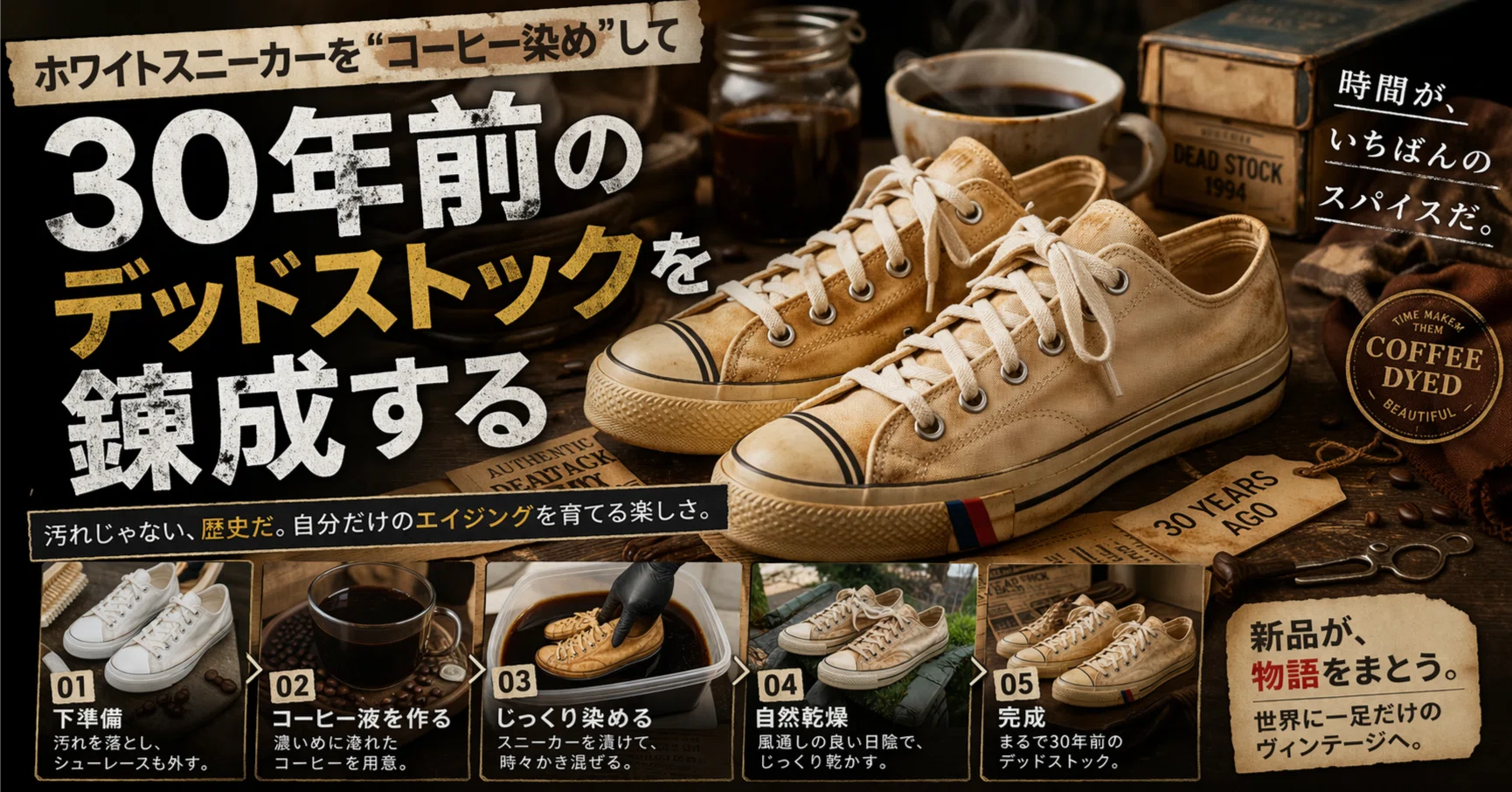ホワイトスニーカーを「コーヒー染め」をして30年前のデッドストックを 