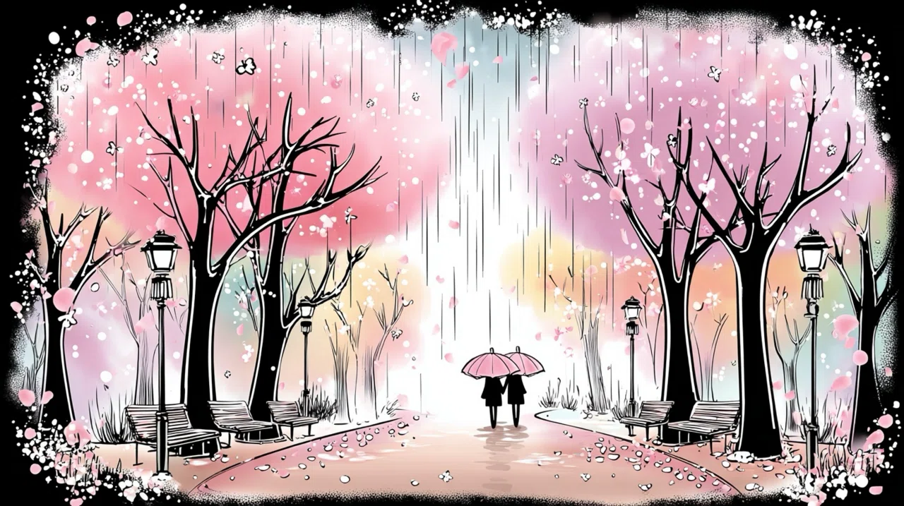 AIイラスト]雨の中の桜 二人で歩く｜みぽぽ