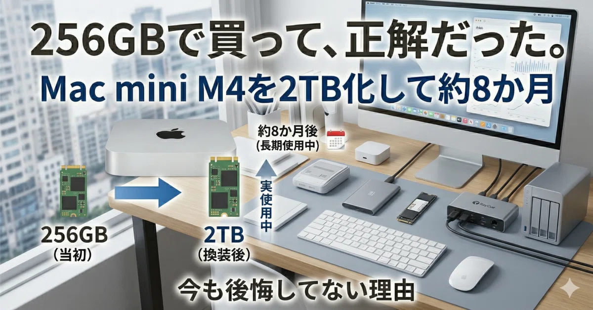 Mac mini m4 16g 256g 使用頻度少 Mac mini M4を256GBで買って、内蔵2TB化して約8か月。今いちばん強く