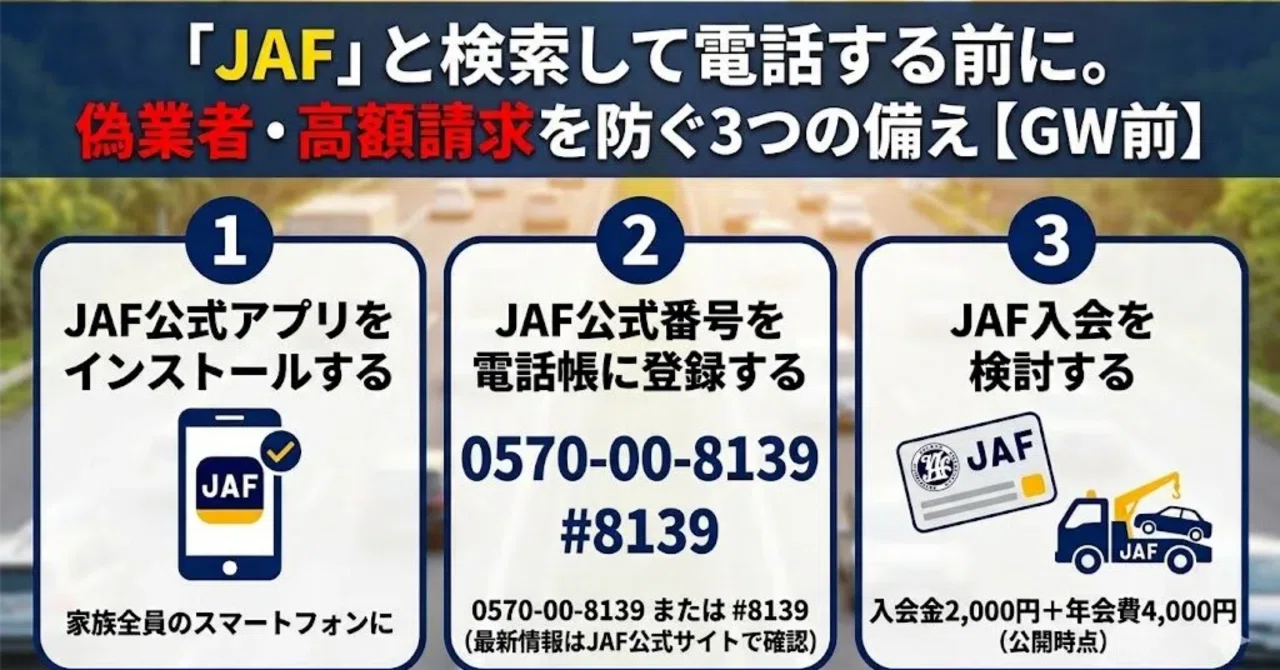 【GW前の警告】「JAF」と検索して電話しないで！偽業者から家族を守る3つの備え｜びわおちゃんブログ