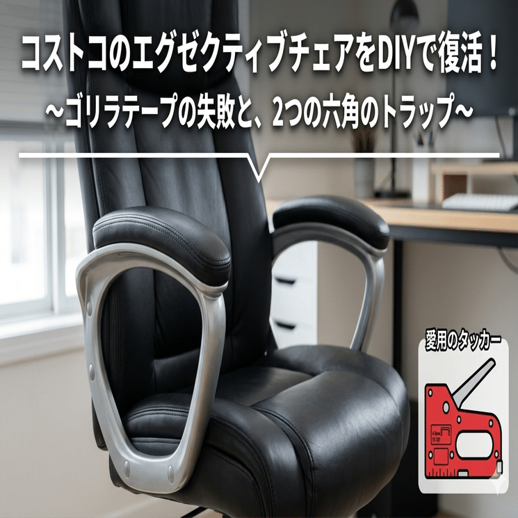 コストコ エグゼクティブチェア 幅69×奥行74×高さ114㎝ ブラック/黒色 レザー/革 パソコンチェア 事務椅子 椅子 昇降式イス 札幌市 清田区 平岡 コストコの「エグゼクティブチェア」をDIYで復活させたお話｜平辻哲也