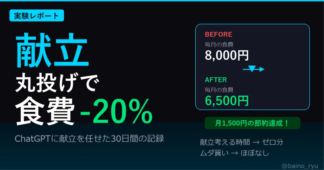 ChatGPTに1週間の献立を丸投げしたら食費が2割減った話｜Baino Ryu｜AI × 自動化マネタイズ