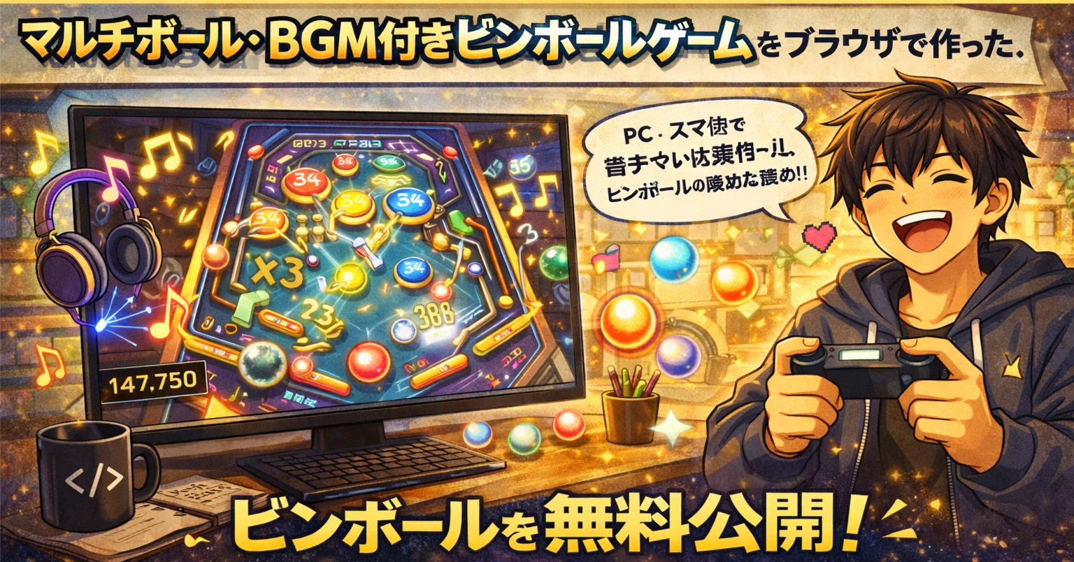 マルチボール・BGM付きピンボールゲームをブラウザで無料公開した｜ENUBE
