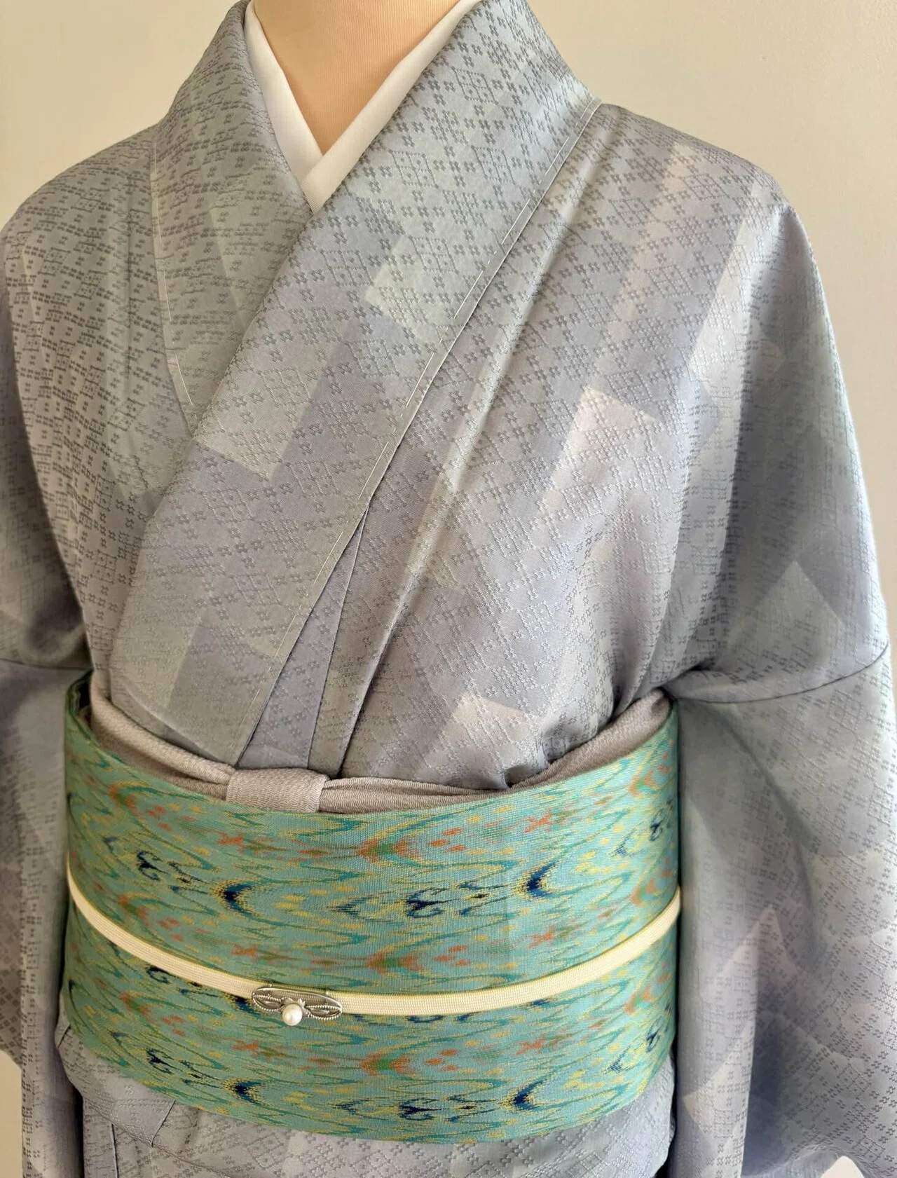 暈し水色花織着物｜夢吉きもの