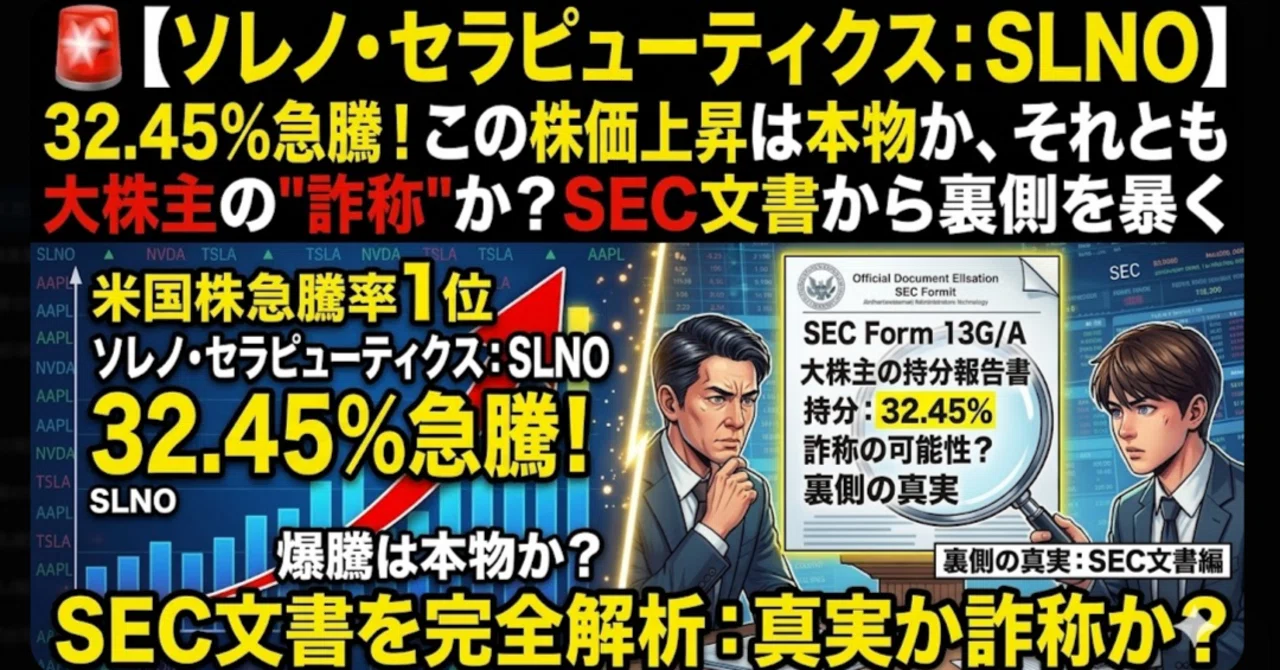 🚨ソレノ・セラピューティクス（SLNO）が32.45%急騰！この株価上昇は本物か、それとも大株主の