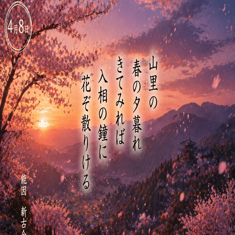 一首一会【4月8日】山里の春の夕暮れきてみれば入相の鐘に花ぞ散りける