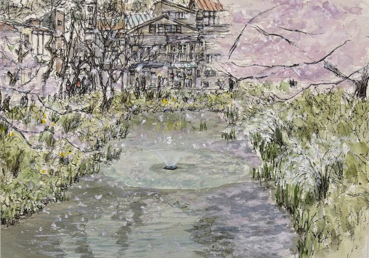 水彩画 冬の札幌中島公園から見る夜の街角 水彩画　街角　木製の板付き 酒井芳元 YouTube - 絵画