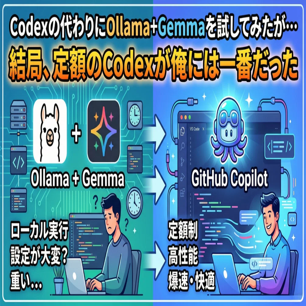 Codexの代わりにOllama+Gemmaを試してみたが・・・結局、定額のCodexが