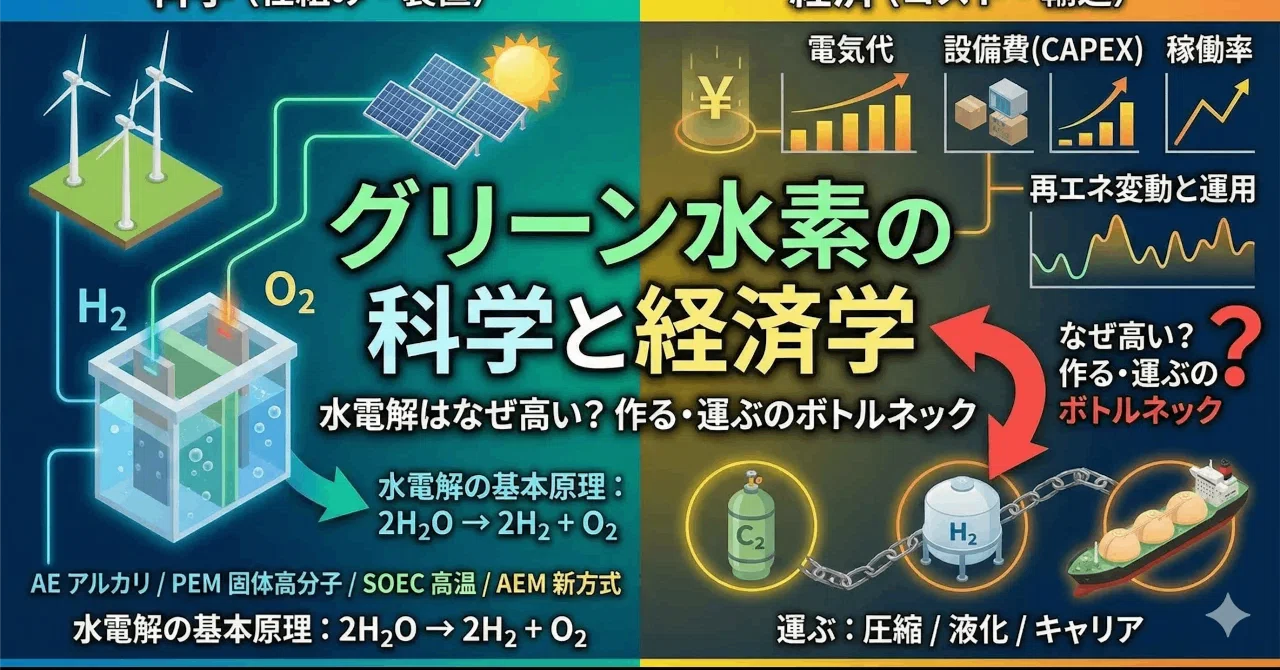 グリーン水素の科学と経済学｜水電解はなぜ高い？作る・運ぶのボトル