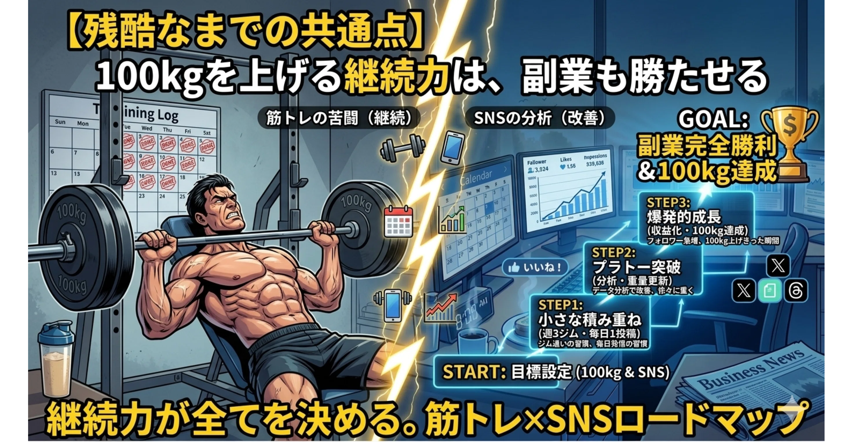 100kgのバーベルを上げる継続力」があれば副業は勝てる。筋トレとSNS 