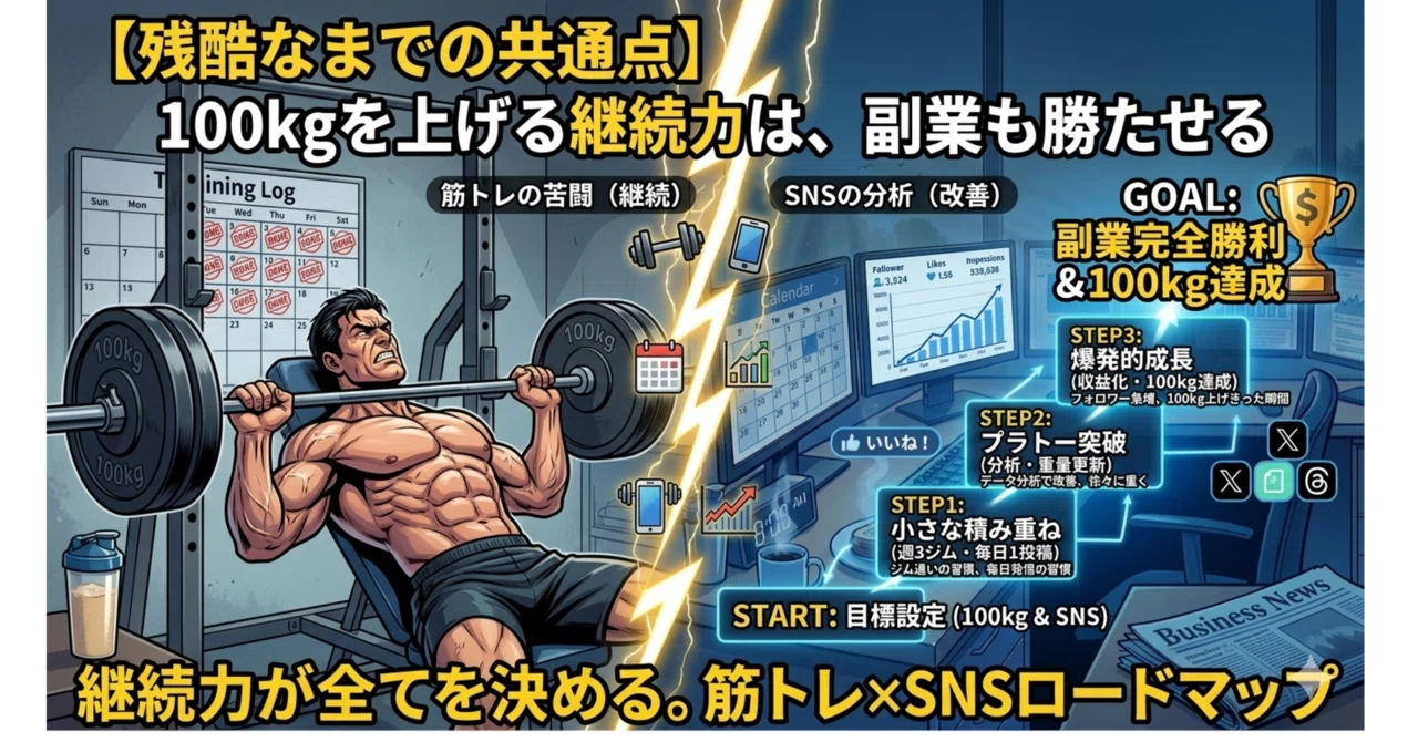100kgのバーベルを上げる継続力」があれば副業は勝てる。筋トレとSNS 