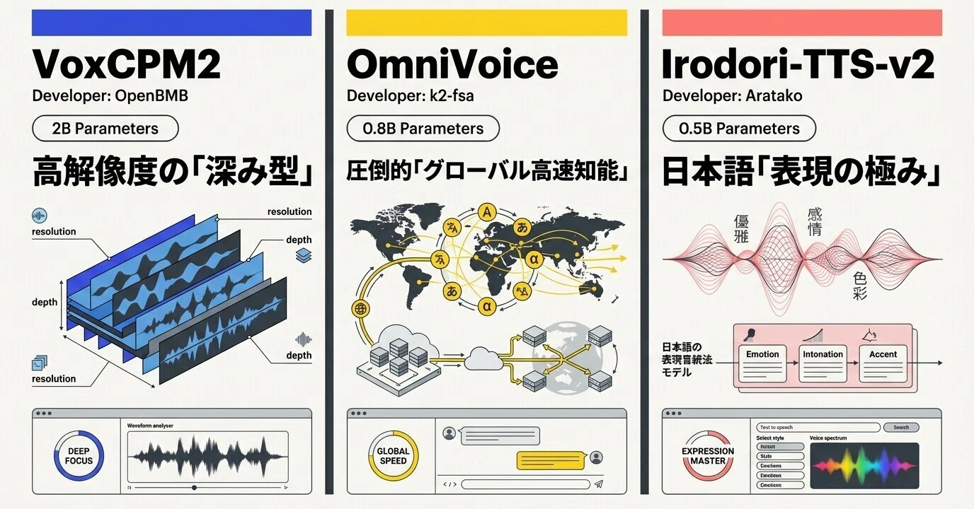VoxCPM2が出たので、OmniVoiceやIrodori-TTS-500M-v2-VoiceDesignと