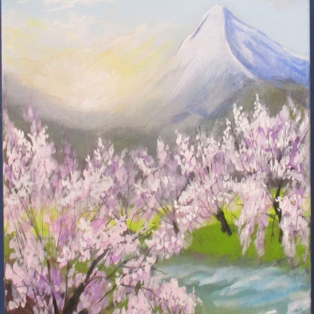 光の小道F4 キャンバス 風景画 油彩画 絵画 キャンバスに風、余白に五七五｜yoshibo」第26回 朝光に 富士も桜も