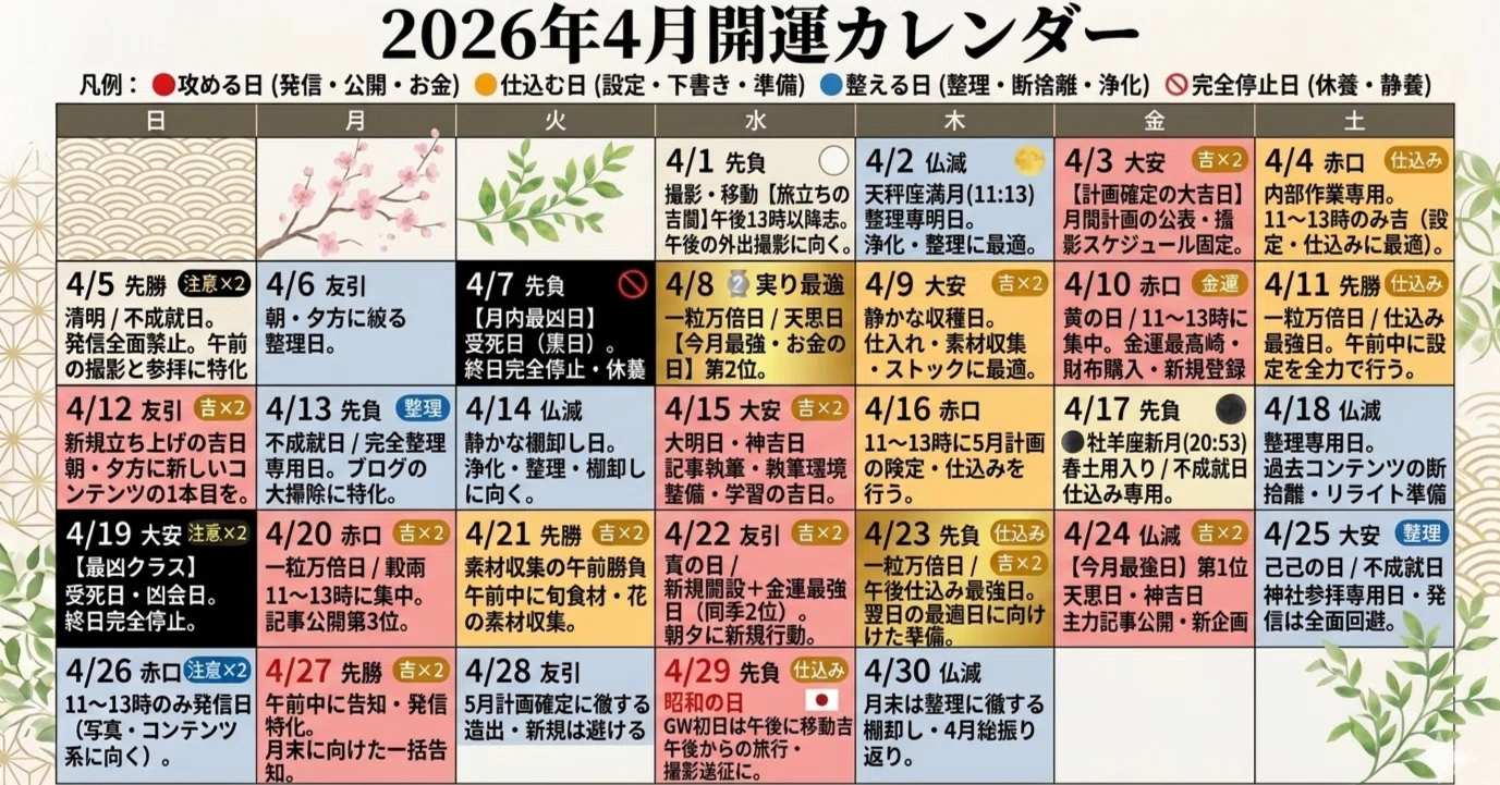?【2026年4月】暦×星×花で解く開運カレンダー完全版： 暦・星・吉日11 