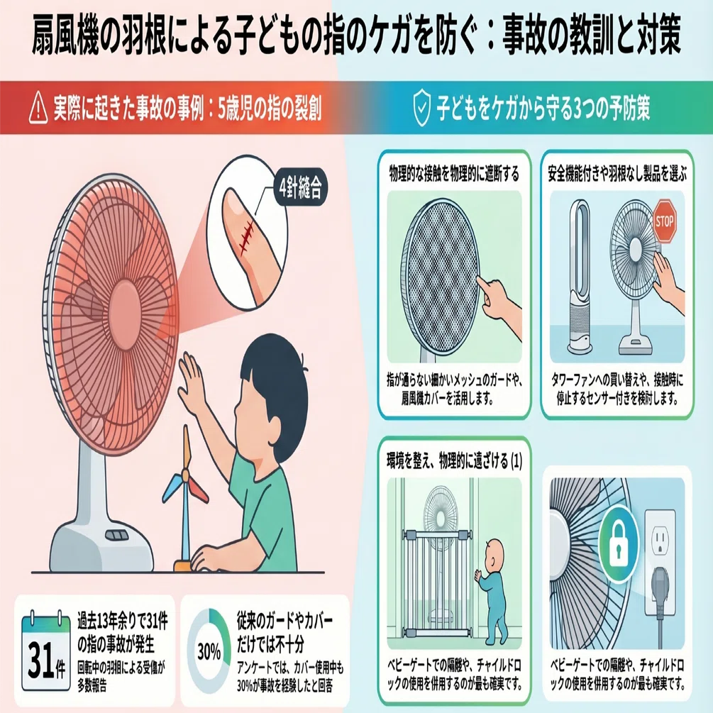 カバーや安全機能だけでは防げません 扇風機の羽根による小児の指の