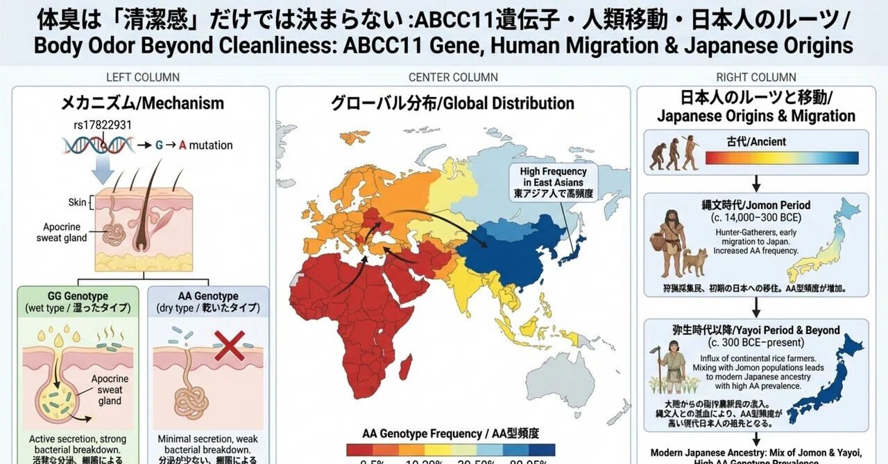 体臭は「清潔感」だけでは決まらない。ABCC11遺伝子の歴史、人類移動、そして日本人のルーツから見えてくること｜佐久間まさはる