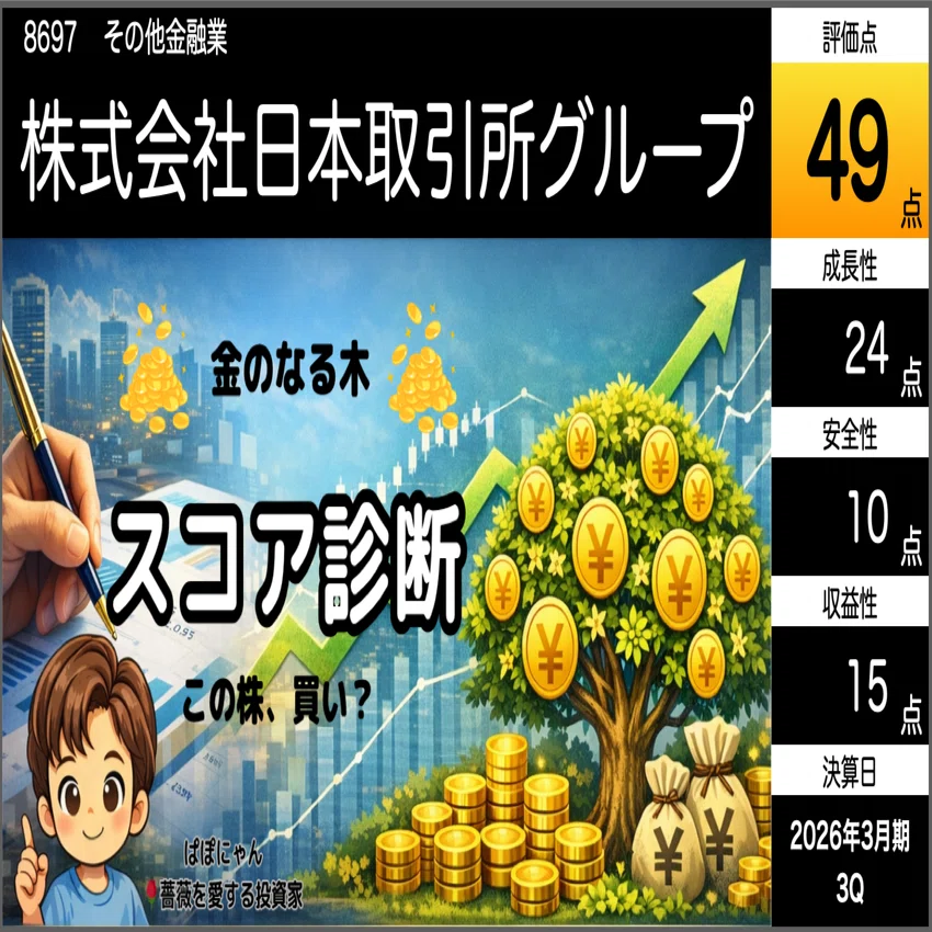 🌰【日本取引所グループ】スコア49点に微増！業績予想を上方修正