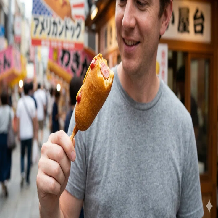 メタボな黃トラさんとダックスのカップル、揚げものが好き！ アメリカンドッグは、言うほど「アメリカン」だろうか｜あべのぶお飯
