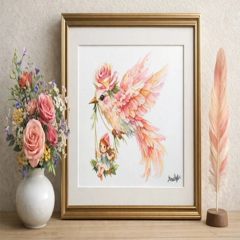 【美品・額装付き】幻想アート作品／妖精とバラのイラスト 🌹 【新作】空のガイド「薔薇冠の翼と空飛ぶ花園の案内人」— 冒険の
