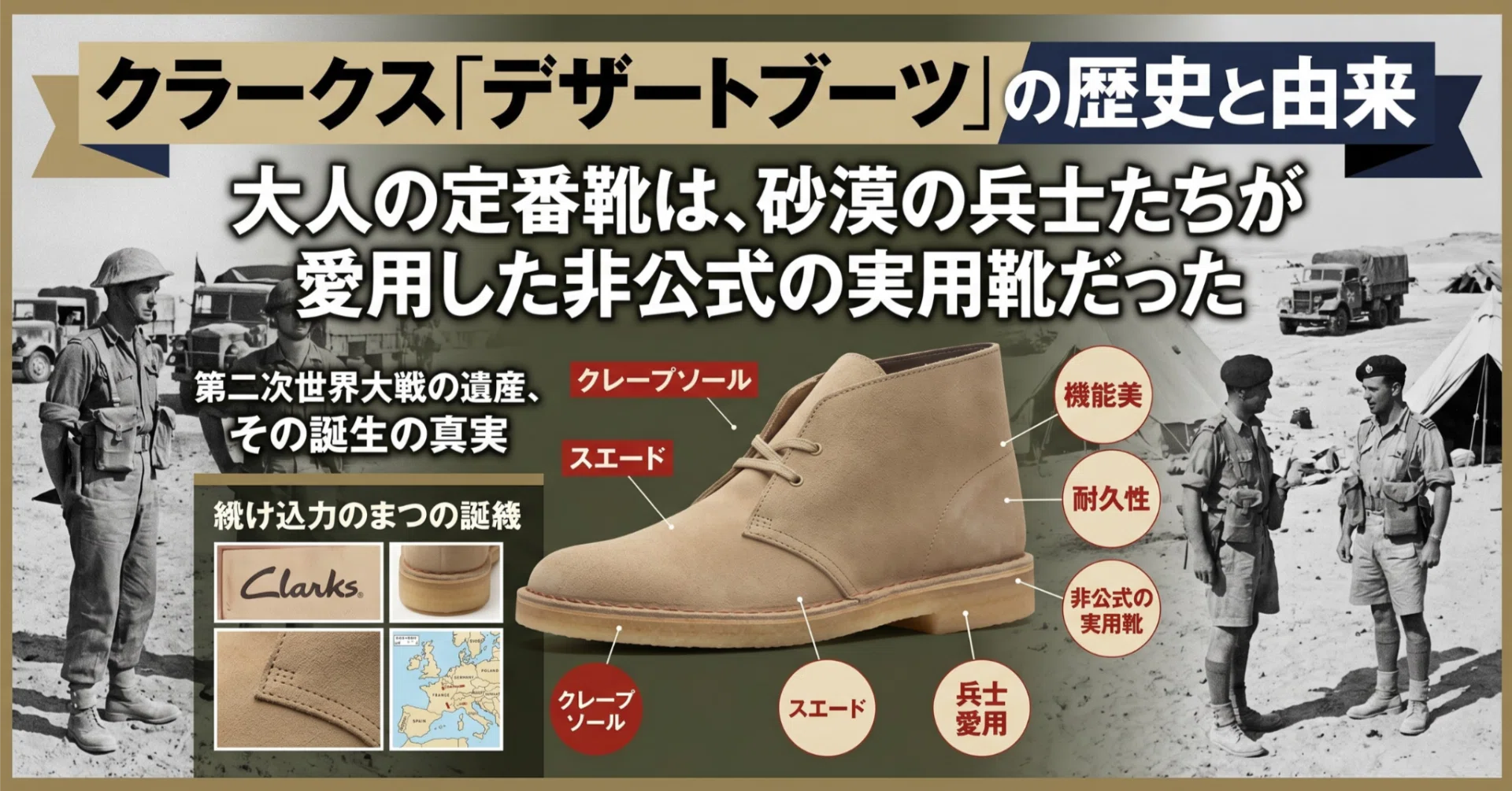 クラークス「デザートブーツ」の歴史と由来。大人の定番靴は、砂漠の