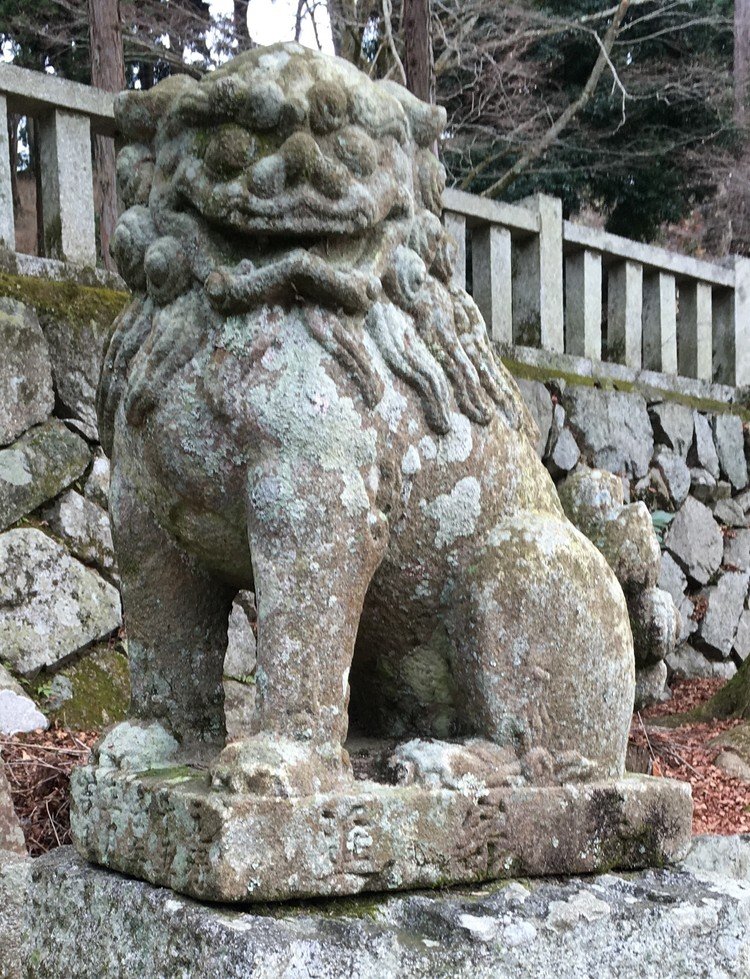 「山口は狛犬見本市」 　狛犬は盛んに作られていた産地があり、近くでは大阪や尾道そして出雲が特に有名です、瀬戸内海と日本海を結ぶ海運の要所に位置する山口には先ずそれら産地から狛犬が移入されてきました。山口に初めて登場した参道狛犬は元禄十五年(1702・赤穂浪士討ち入りの年)大阪で作られた古いタイプの「浪花型(大阪)」周南市長穂「周方神社」に奉納されました、次に尾道で作られた「尾道型」出雲で作られた「出雲型」と県内に登場します。
