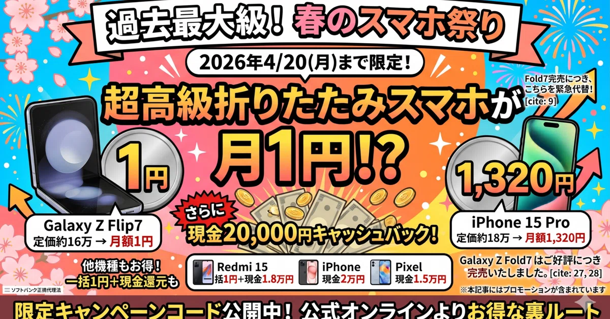 4/20まで】16万円のGalaxy Z Flip7が「月1円」＋現金2万円還元！？過去
