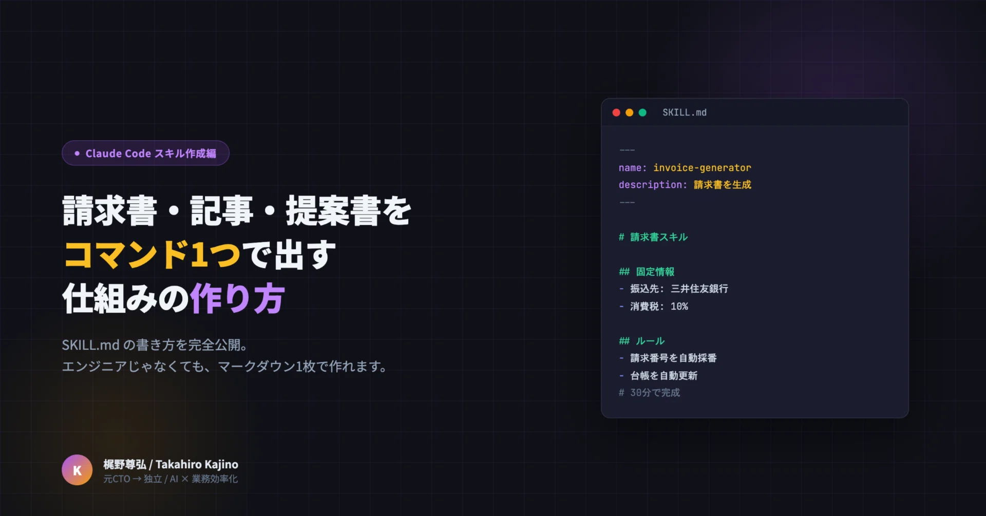IK【必ずプロフィールをご確認ください】 コの字カウンター 元CTOが教えるClaude Codeの使い方【スキル作成編】— 議事録・記事