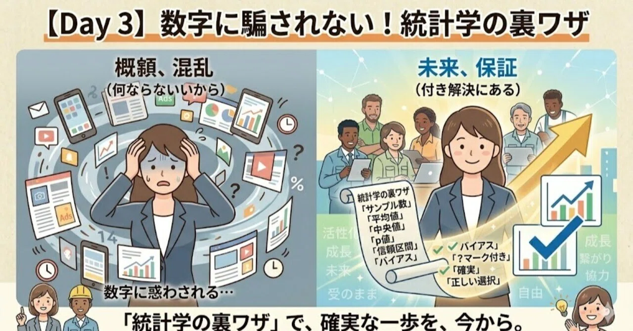 【Day 3】数字に騙されない!サクッと「正しい選択」ができる『統計学の裏ワザ』|なおと|感情と事実を切り離す思考法