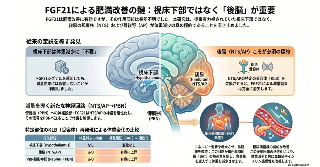 ホルモンFGF21による肥満解消メカニズム:視床下部ではなく後脳(孤束核および最後野)を介していることが明らかに|Makisey