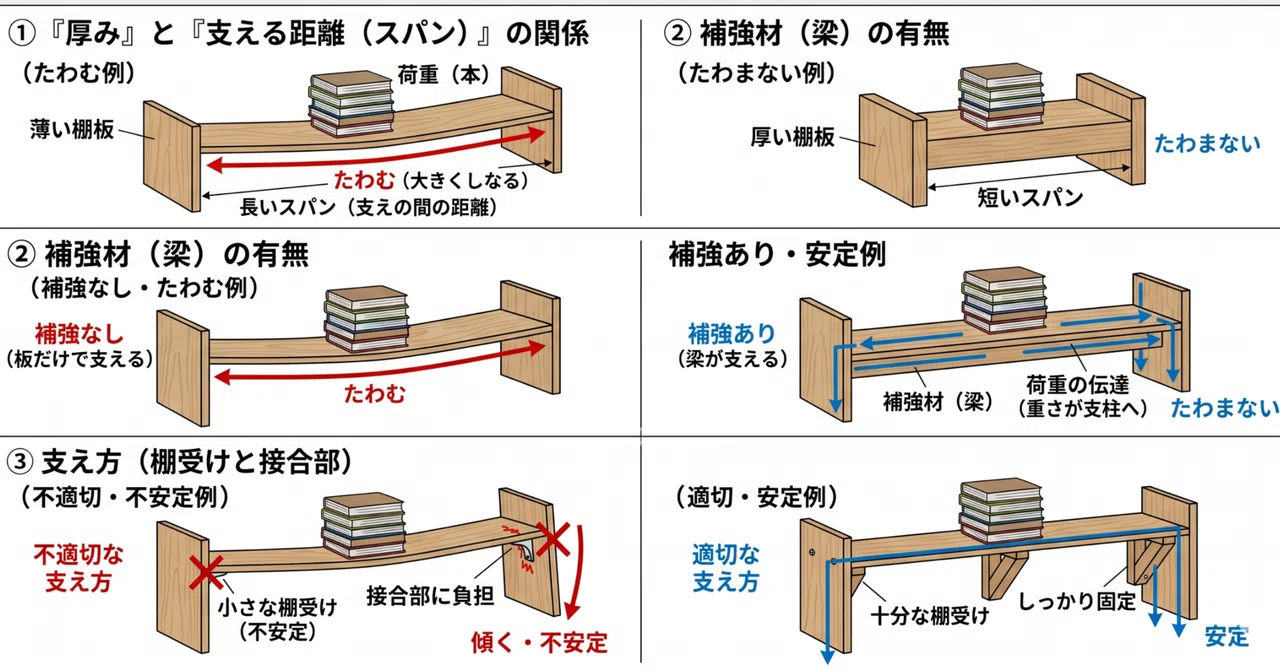 【DIY棚】棚板がたわむ?丈夫な棚板にするための材料力学的ヒント|garasuzu