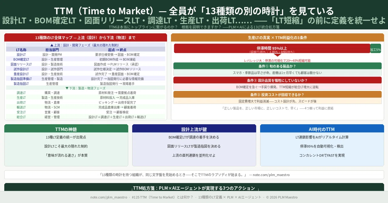 #125 TTM（Time to Market）とは何か？ — 「LT短縮」を叫ぶ前に、全員が13種類の別の時計を見ている｜PLMマエストロ