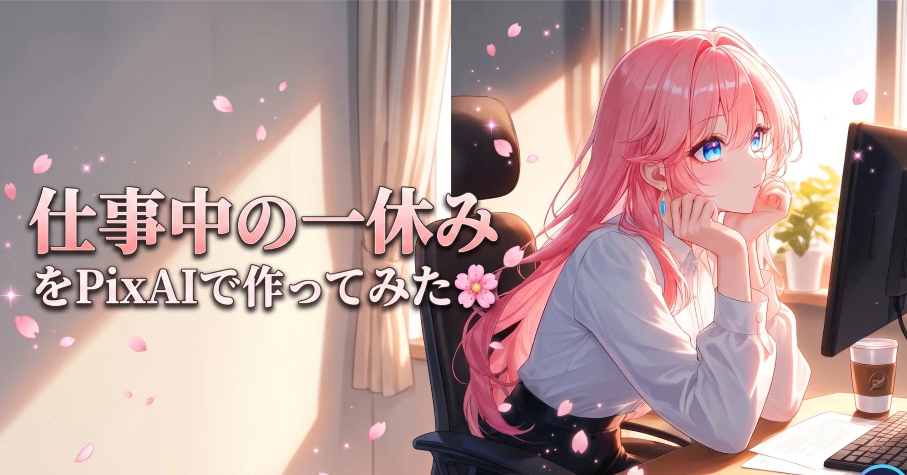 仕事中の一休み」をPixAIで作ってみた🌸【PixAI｜AIイラスト｜イラスト