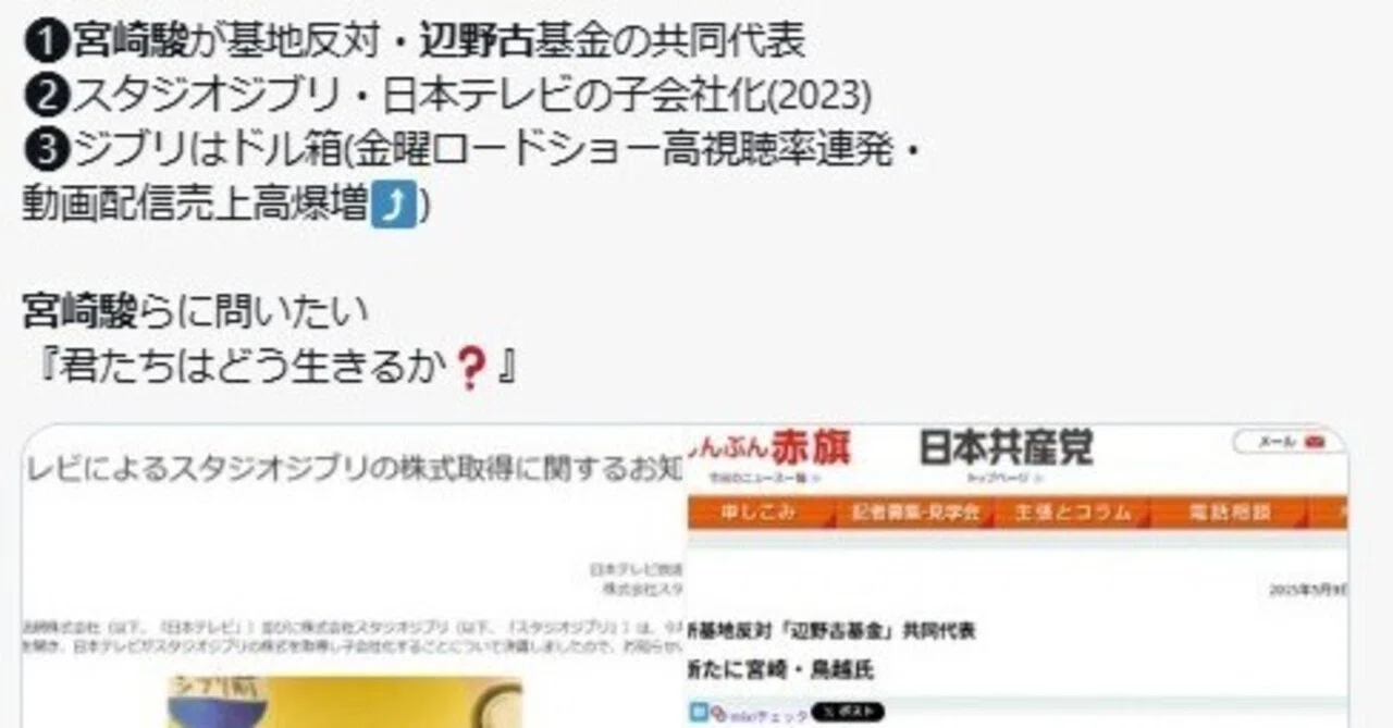 「ジブリの宮崎駿は反日活動家だった。」