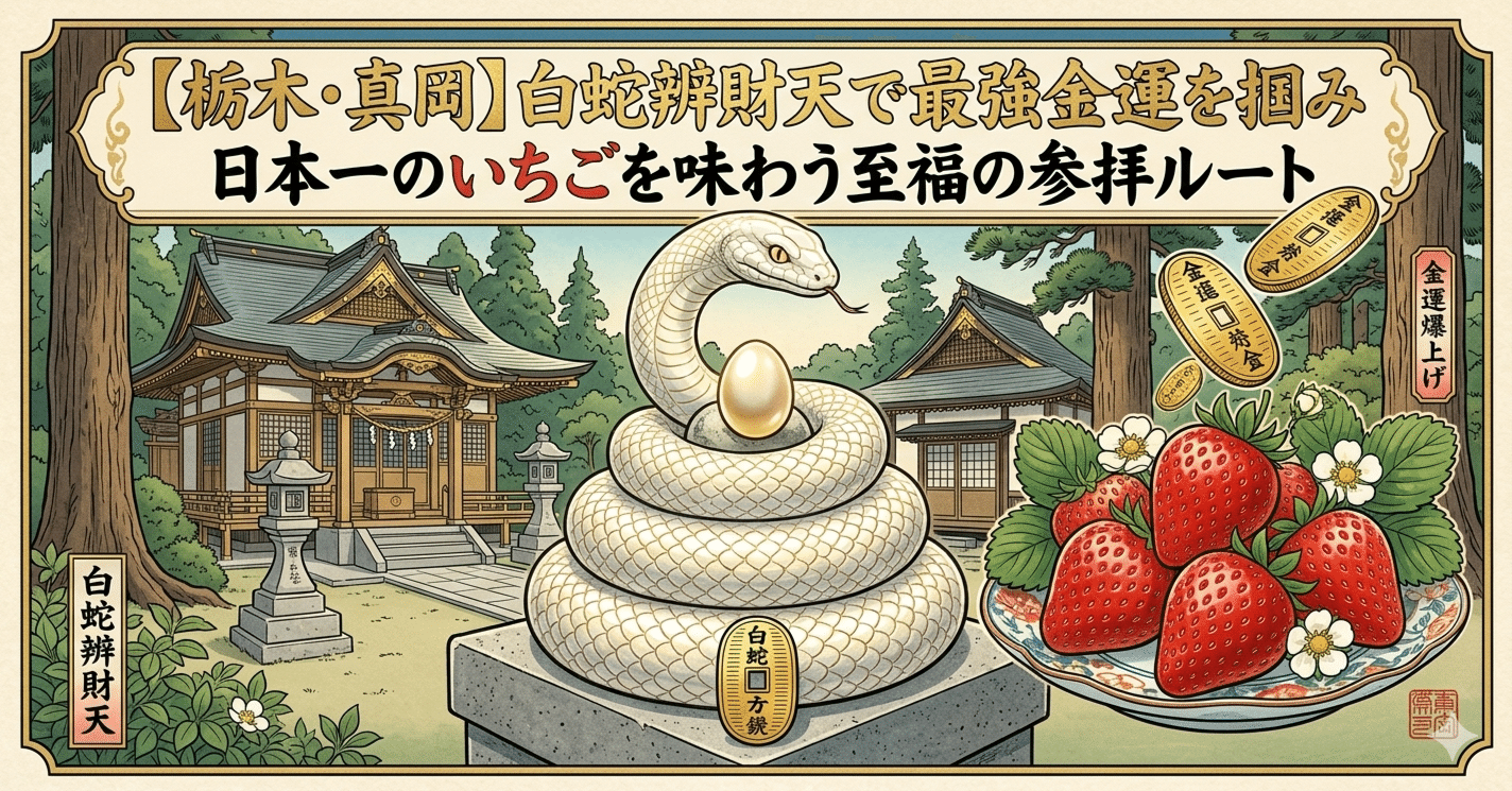 栃木・真岡】白蛇辨財天で最強金運を掴み、日本一のいちごを味わう至福