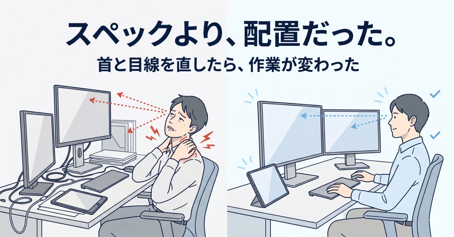 作業効率が2倍になったモニター配置術。スペックより先に“目線と首”を 