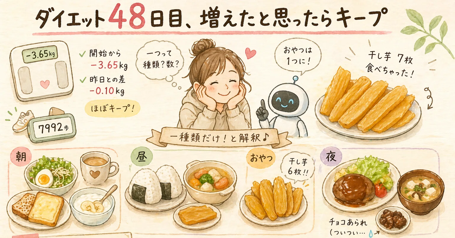 ダイエット48日目、増えたと思ったらキープだった。｜とこ