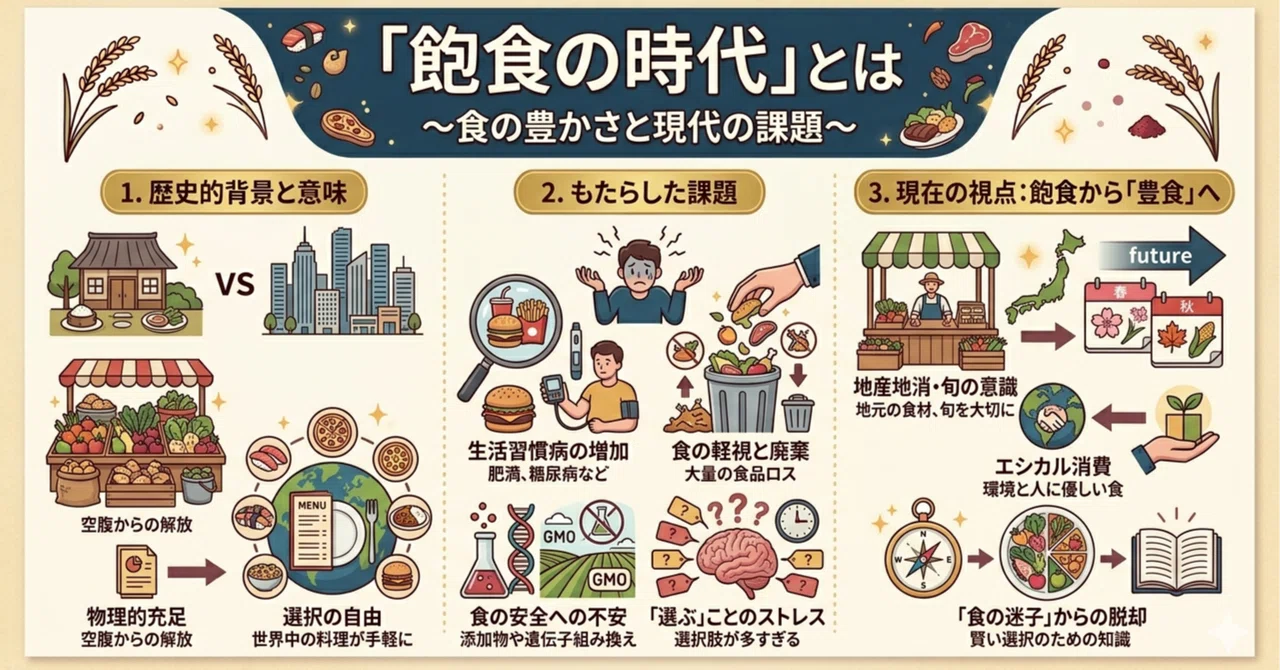 「飽食の時代」とは、食料が豊富に供給され、人々が飢えの心配をすることなく、望めばいつでも好きなものを食べることができる現代社会の状態を指す言葉 ...