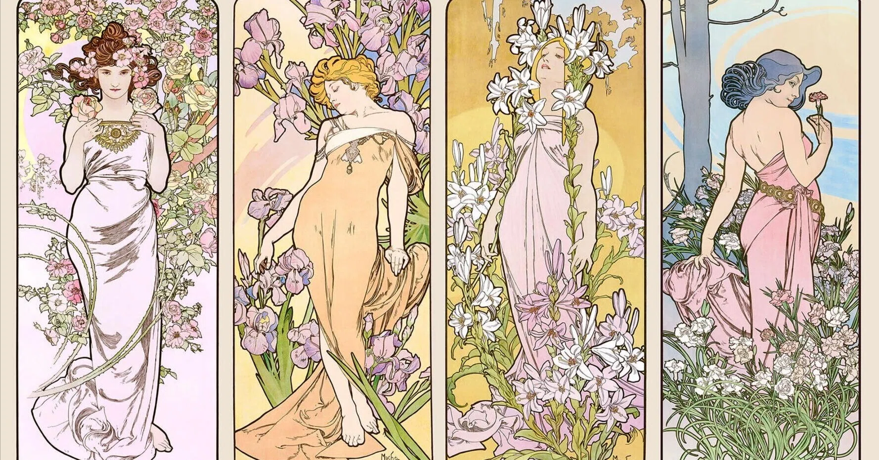 百花繚乱の女神たち】ミュシャ連作『四つの花』。香りと彩りの四重奏を