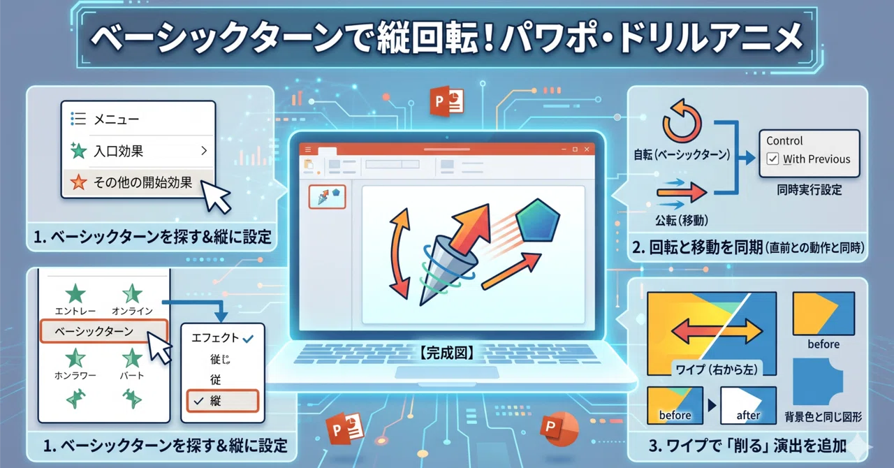 回転しながら削り取る！パワポで図形を縦回転・移動させる3ステップ｜Ken3おっさんのノート