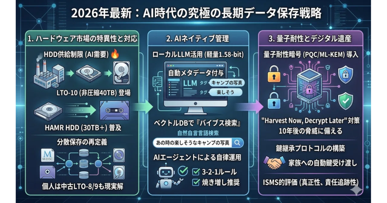 TB級大容量データの10年以上保存方法、AI時代の長期保存と量子リスクへ