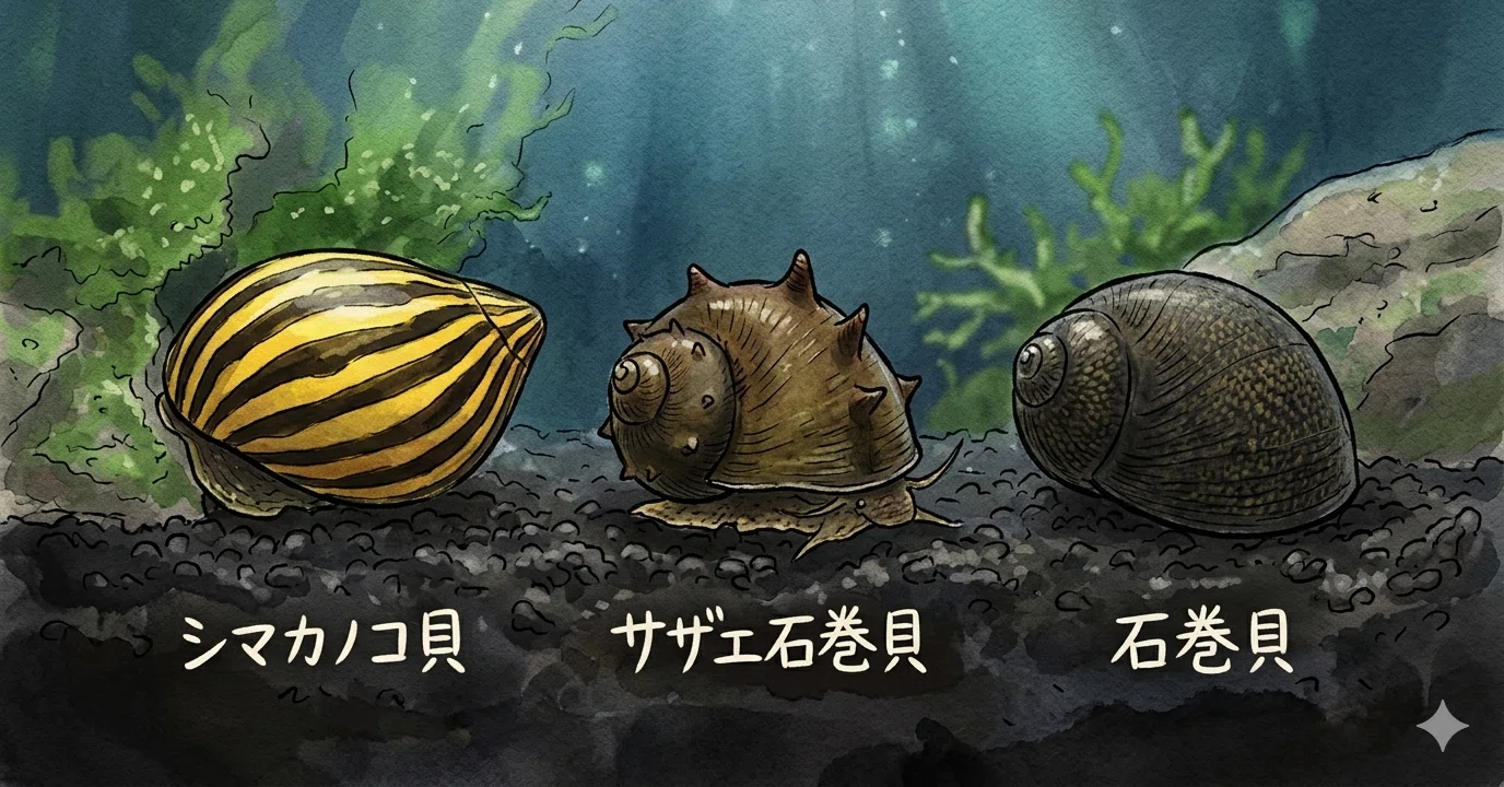 コケ取りの貝は、1匹から始めよう。入れすぎると餓死しちゃうよ