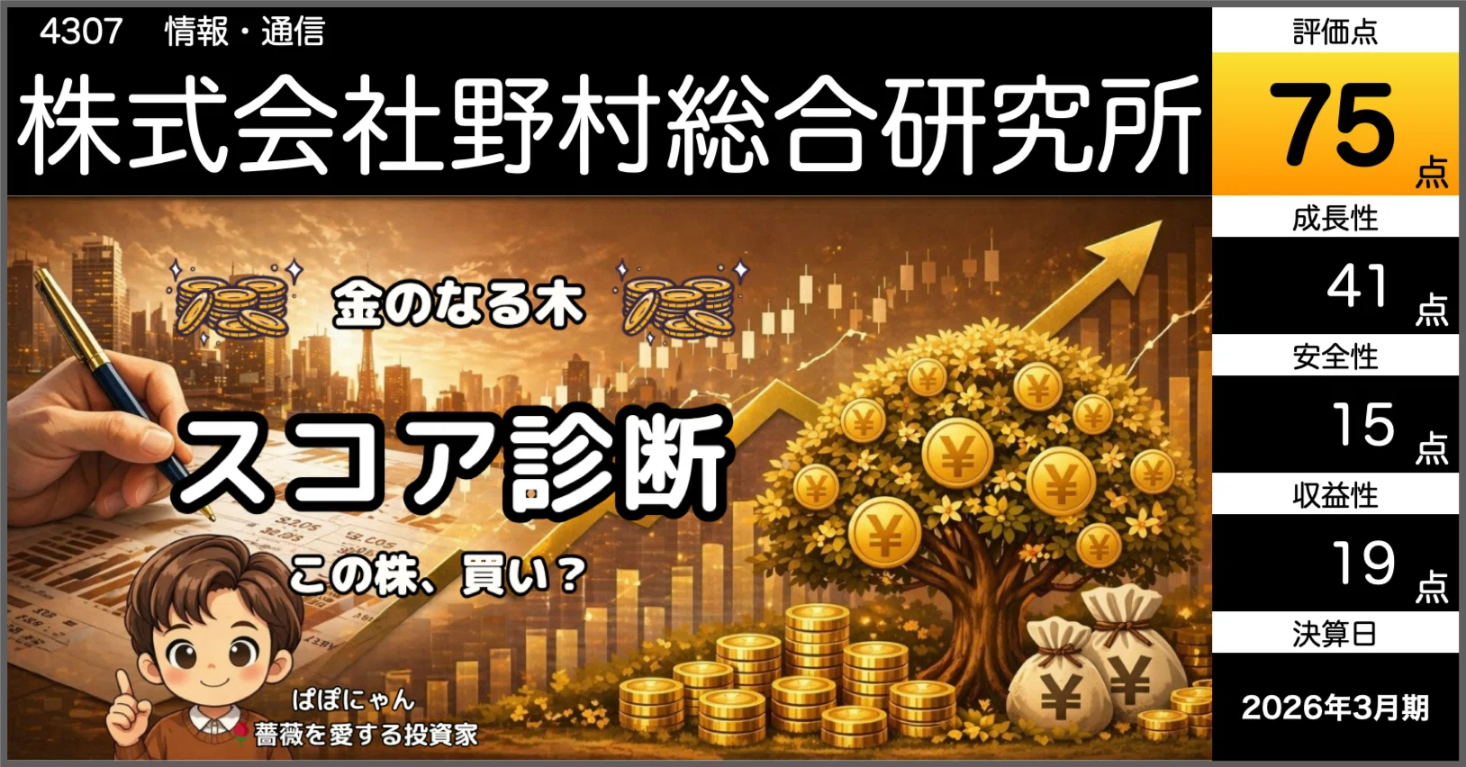 🌿【速報｜野村総研】75点に後退…海外減損は一過性か？『💰金のなる木
